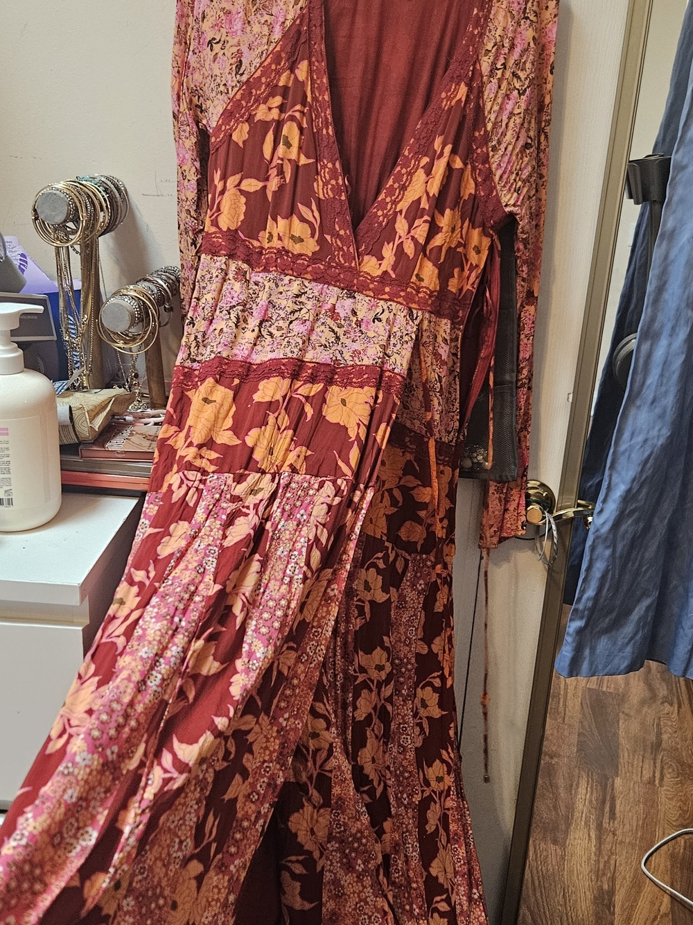 Free People Burgundy and Mustard Floral Maxi Wrap Dress